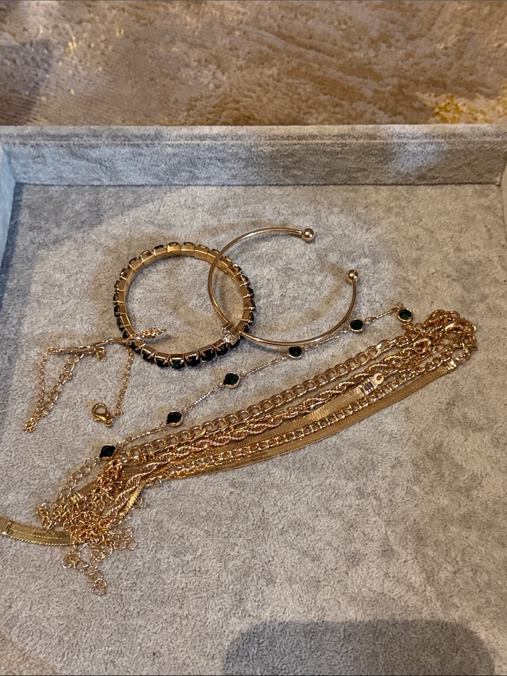Gold-Tone Women’s Bracelet Set with green Stones